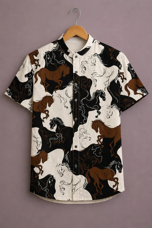 Men’s Premium Horse Print Short Sleeve Casual Shirt – Black White Designer Mandarin Collar Shirt