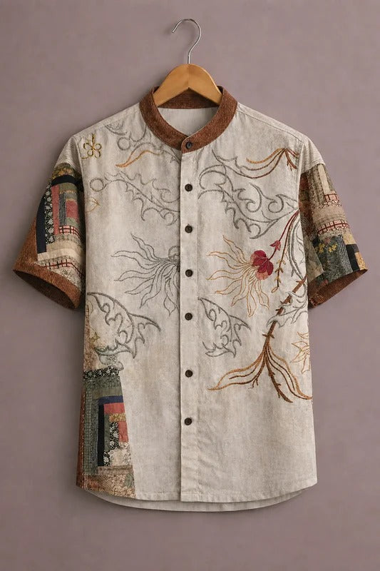 Men’s Premium Embroidered Short Sleeve Casual Shirt – Beige Ethnic Designer Shirt