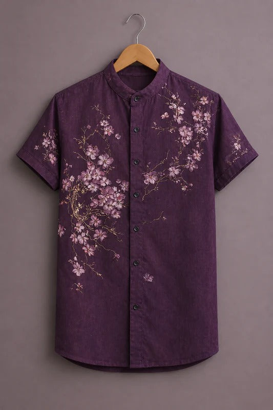 Men’s Premium Floral Printed Short Sleeve Casual Shirt – Purple Designer Mandarin Collar Shirt