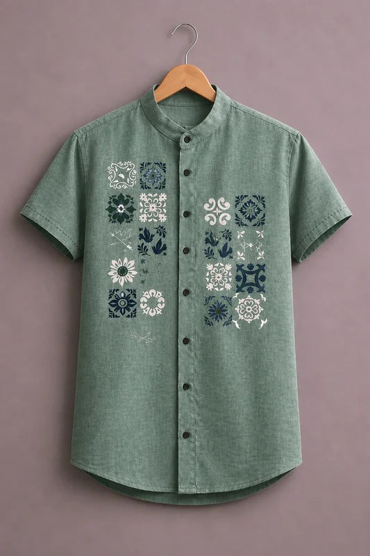 Men’s Premium Floral Printed Short Sleeve Casual Shirt – Sage Green Mandarin Collar Shirt