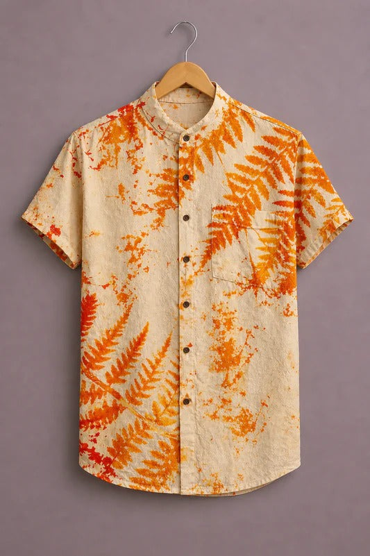 Men’s Premium Tropical Leaf Printed Short Sleeve Casual Shirt – Beige Orange Mandarin Collar Shirt