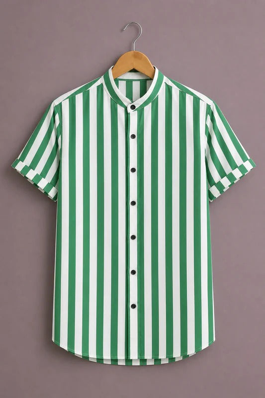 Men’s Premium Vertical Striped Short Sleeve Casual Shirt – Green White Mandarin Collar Shirt