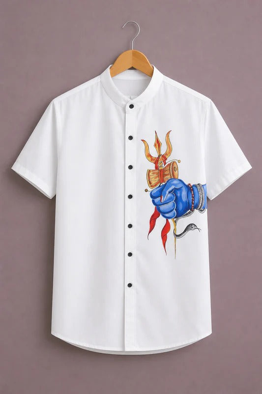 Men’s Premium Graphic Printed Short Sleeve Casual Shirt – White Designer Mandarin Collar Shirt