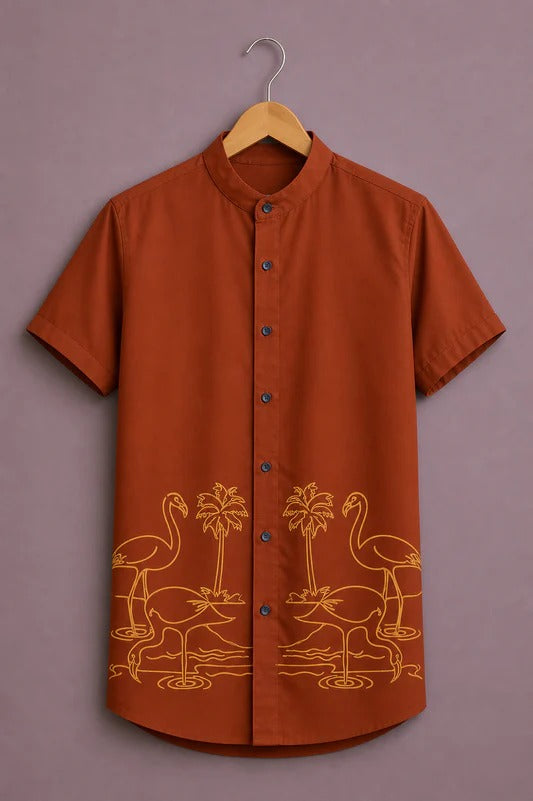 Men’s Premium Flamingo Print Short Sleeve Casual Shirt – Rust Orange Designer Mandarin Collar Shirt