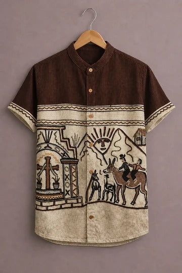 Men’s Premium Tribal Printed Short Sleeve Casual Shirt – Brown Beige Designer Mandarin Collar Shirt