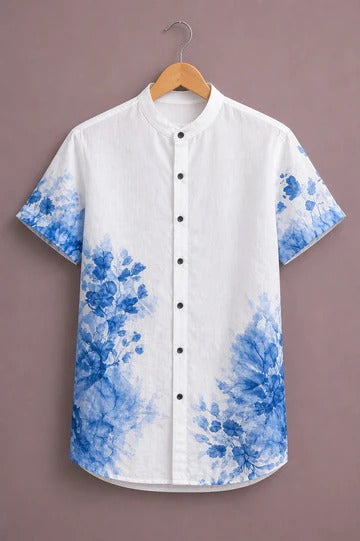 Men’s Premium Floral Printed Short Sleeve Casual Shirt – White Blue Designer Mandarin Collar Shirt