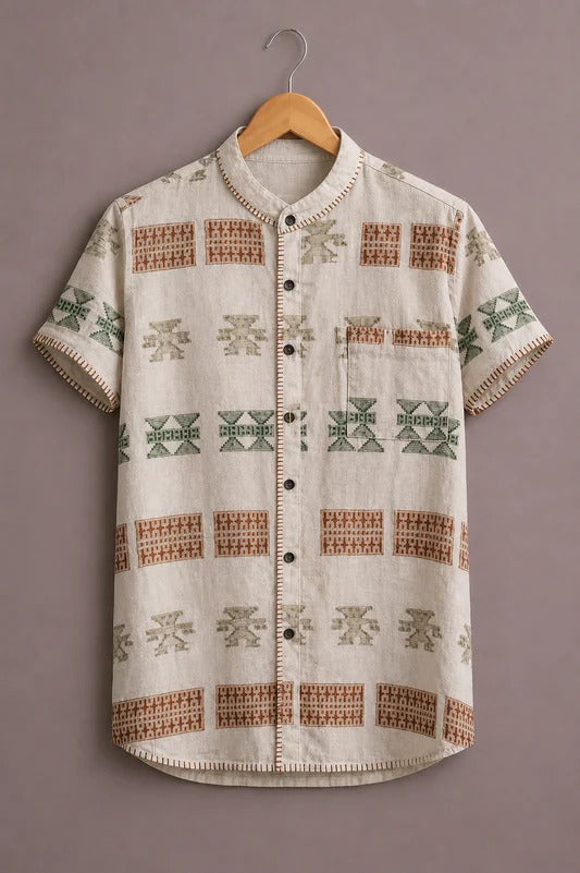 Men’s Premium Tribal Pattern Printed Short Sleeve Casual Shirt – Beige Designer Mandarin Collar Shirt