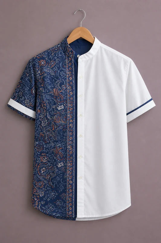 Men’s Premium Half Printed Short Sleeve Casual Shirt – White Blue Designer Mandarin Collar Shirt
