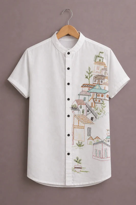 Men’s Premium Printed Short Sleeve Casual Shirt – White Designer Mandarin Collar Shirt