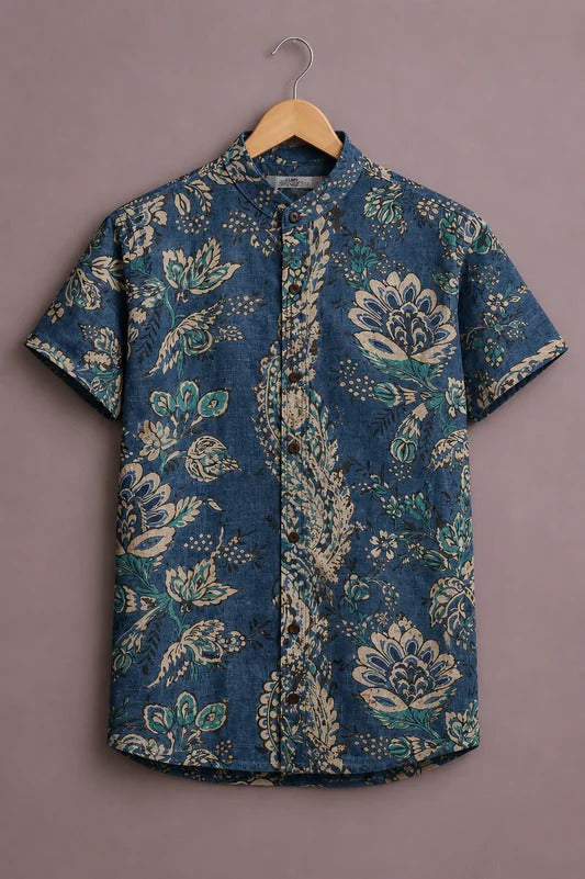 Men’s Premium Floral Printed Short Sleeve Casual Shirt – Blue Designer Mandarin Collar Shirt