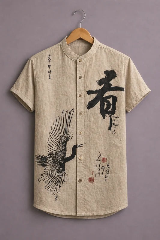 Men’s Premium Japanese Art Printed Short Sleeve Casual Shirt – Beige Mandarin Collar Shirt
