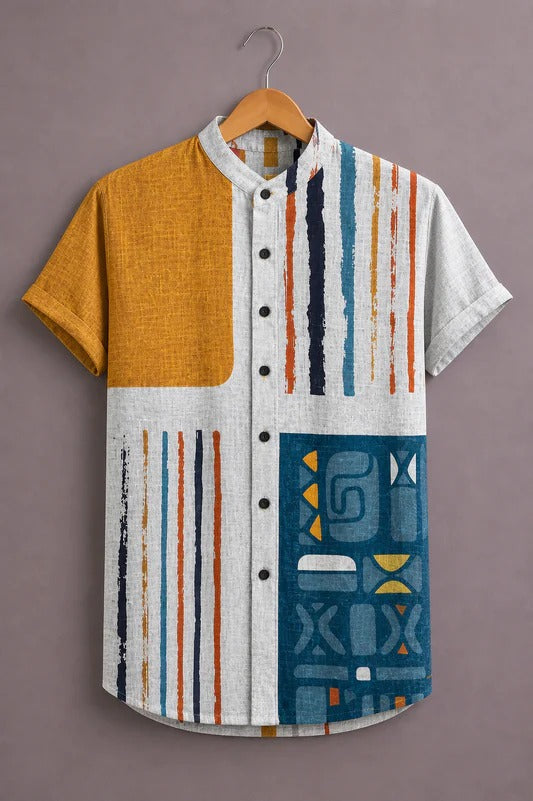 Men’s Premium Abstract Printed Short Sleeve Casual Shirt – Multicolor Mandarin Collar Shirt