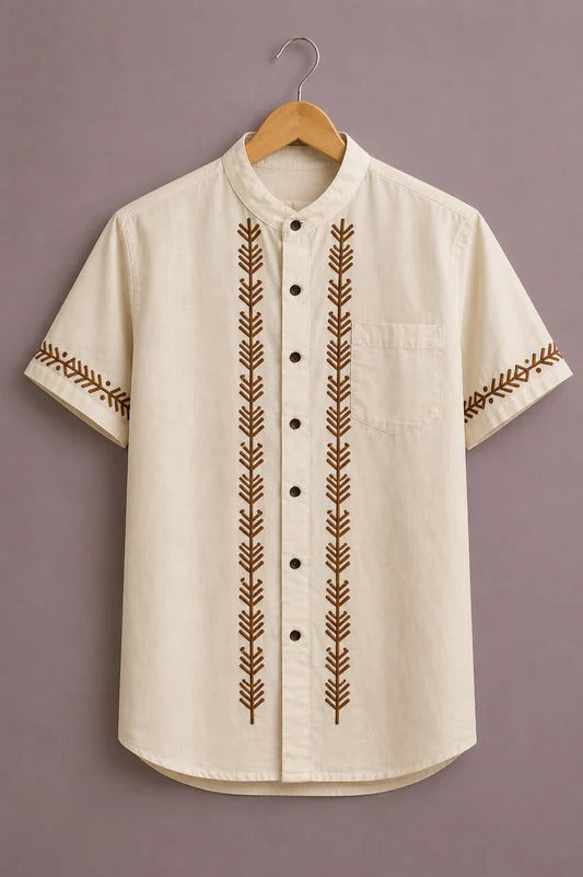 Men’s Premium Embroidered Short Sleeve Casual Shirt – Beige Designer Mandarin Collar Shirt
