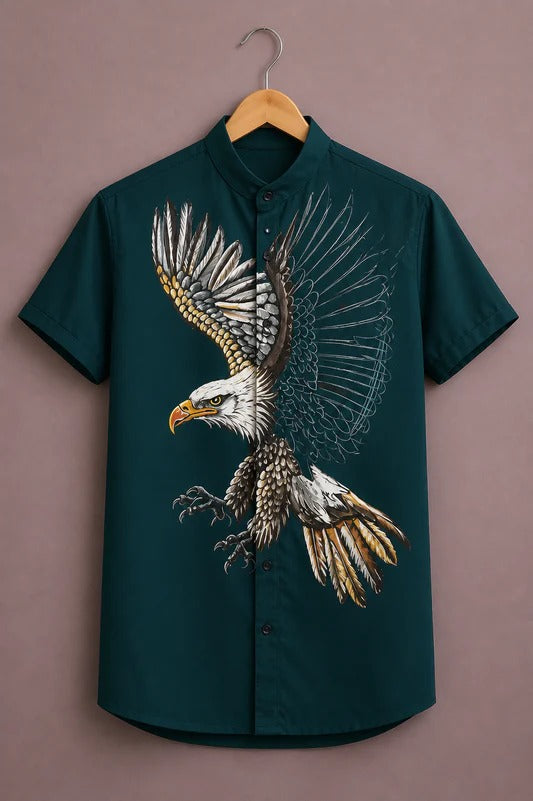 Men’s Premium Eagle Print Short Sleeve Casual Shirt – Dark Teal Designer Mandarin Collar Shirt