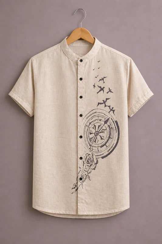 Men’s Premium Compass Printed Short Sleeve Casual Shirt – Beige Mandarin Collar Shirt