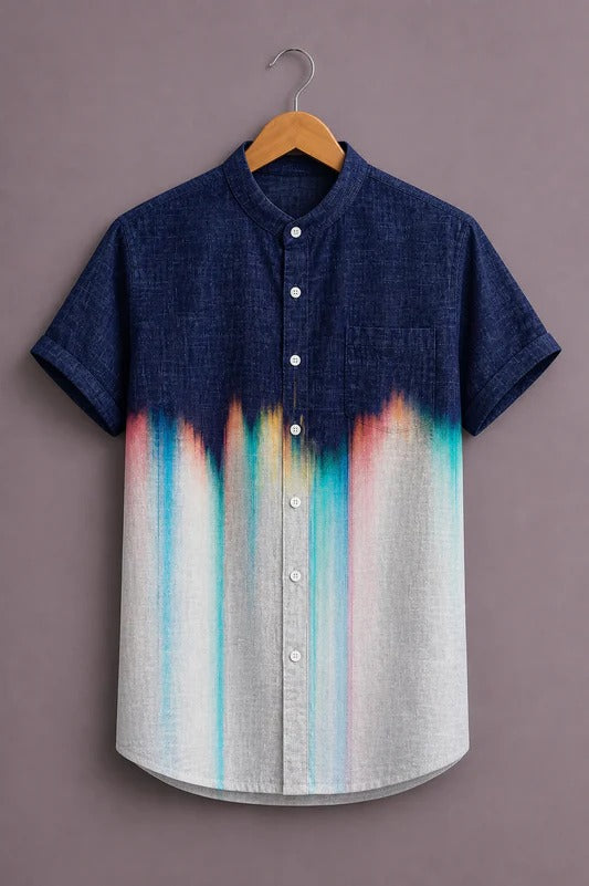Men’s Premium Gradient Printed Short Sleeve Casual Shirt – Blue White Designer Mandarin Collar Shirt