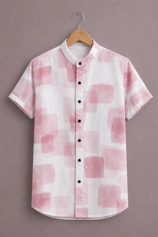 Men’s Premium Abstract Printed Short Sleeve Casual Shirt – White Pink Designer Mandarin Collar Shirt